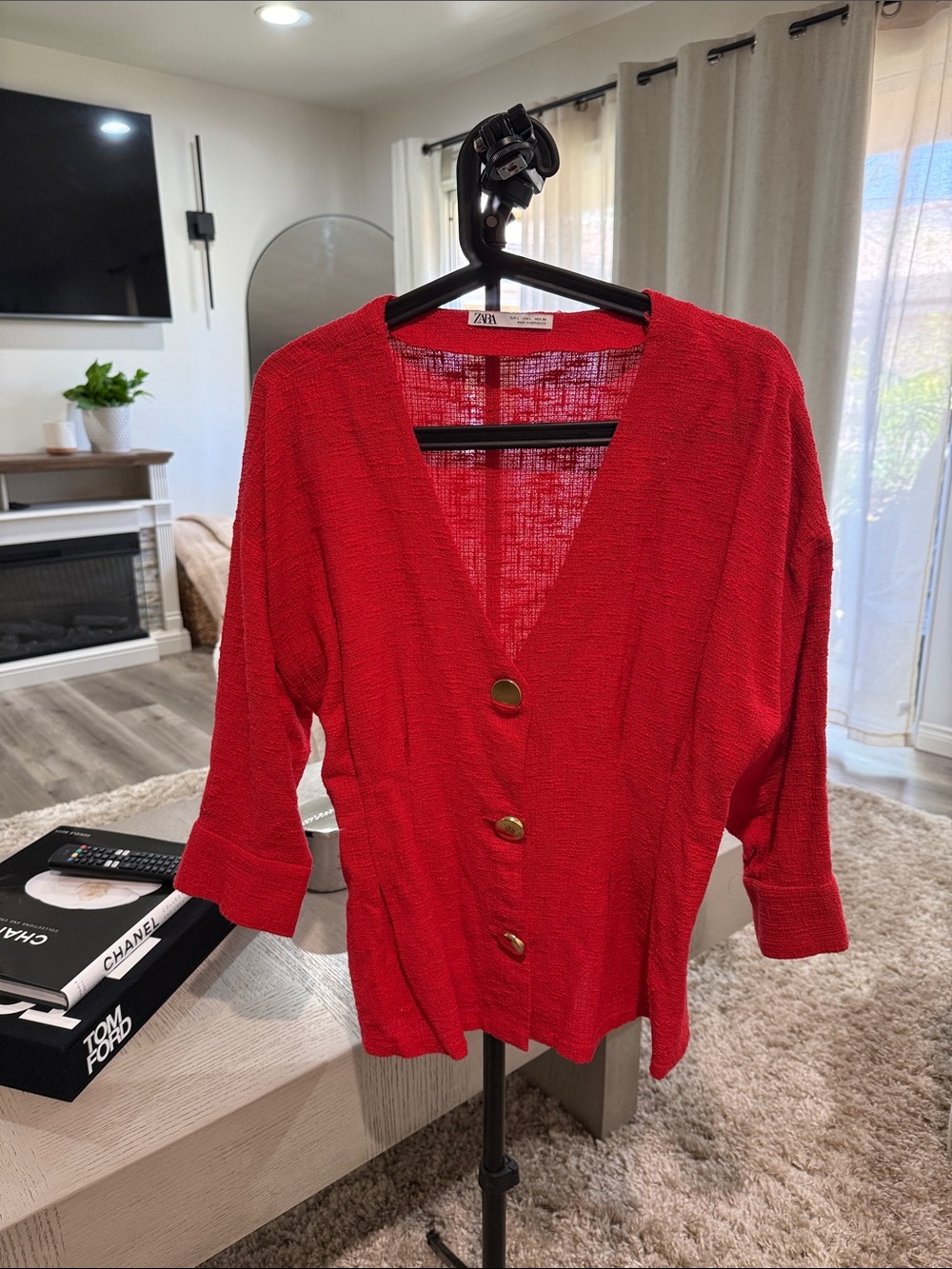 Zara Red Button-Front Textured V-Neck Top